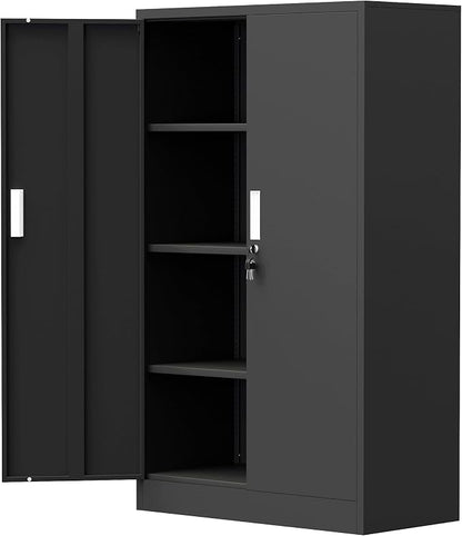Metal Storage Cabinet with Locking Doors and 3 Adjustable Shelves, Lockable Storage Cabinets for Home Office Garage Kitchen Pantry (Black)