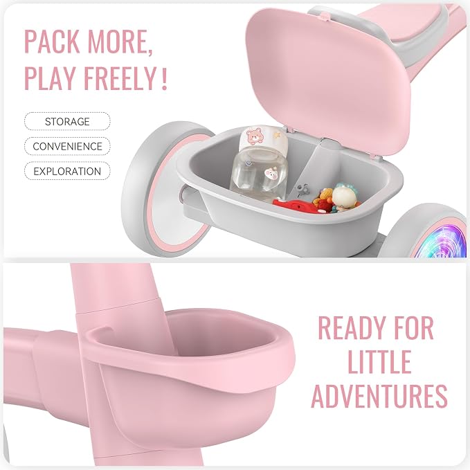 SEREED Colorful Lighting Toddler Tricycle for 2-5 Years Old Girls, Adjustable Seat&Handlebar Trike, Removable Basket, Birthday Gift Idea for Kids Ages 2+ (Pink)