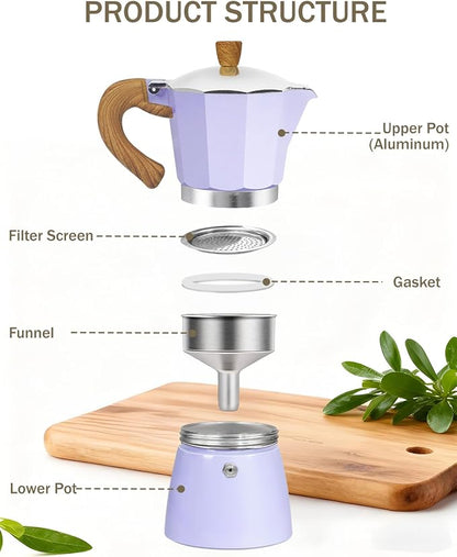 Coffee Maker Stovetop Espresso Maker 3 Cup Aluminum Moka Pot Percolator 5oz 150ml Easy Brewing for Electric Ceramic Stoves Home Camping Italian Cuban Café Classic Sip Sized Purple