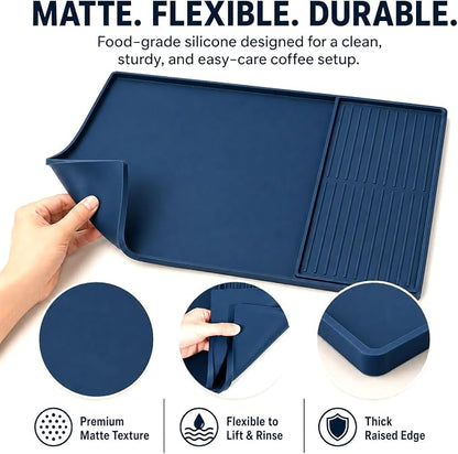 Silicone Coffee Mat 24 x 16 in with Tray, Deep Sea Blue | Coffee bar mat for countertop use, coffee station mat or coffee machine mat with removable tray and 0.47 in raised rim.