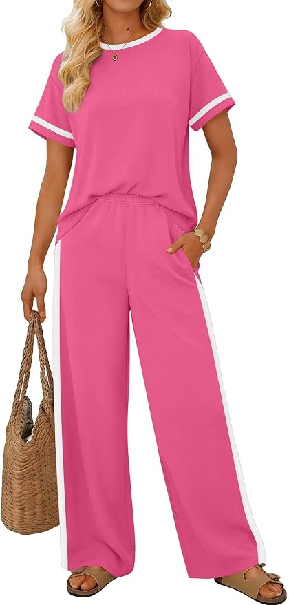 Sampeel 2 Piece Sets for Women Matching Sets Summer Outfits Resort Wear Short Sleeve Lounge Set Wide Leg Pants with Pockets