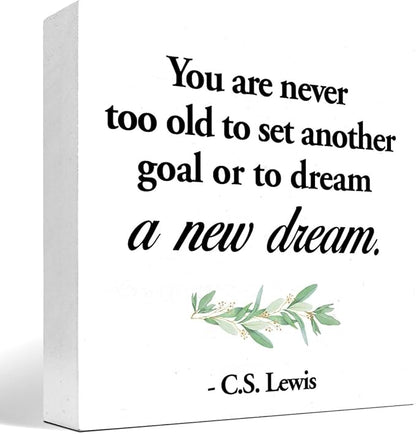 Inspirational Wood Box Sign Desk Decor,You are Never Too Old to Set Another Goal Wood Plaque Signs,Rustic Positive Wooden Block Sign for Home Office Shelf Desk Table Decoration C1064