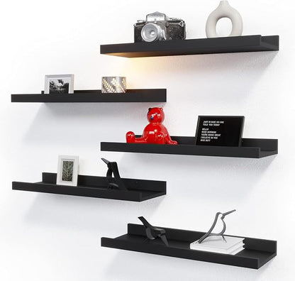 RICHER HOUSE 5 Set Floating Wall Mounted Shelves, Black Shelves for Wall Decor, Modern Picture Ledge Shelf with Lip for Storage, Nursery, Bedroom, Living Room, Bathroom - Black | Display Picture Ledge Shelf, Anti-drop lip Shelf for Room Wall Decor, Bed...
