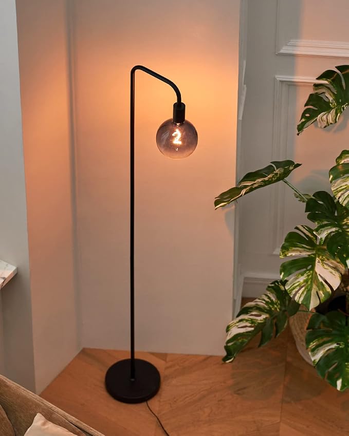 ONEWISH Floor Lamp for Living Room - Minimalist Industrial Standing Lamp with Modern LED Bulb, Globe Black Clear Glass 6", 1800K Warm Ambiant Lighting Decorative Tall Floor Lamp for Bedroom Office