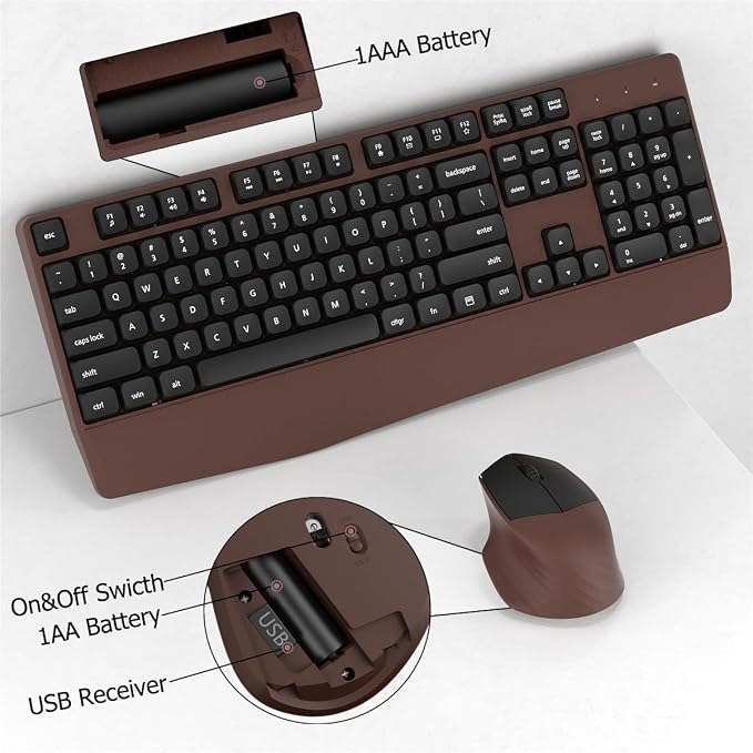 Wireless Keyboard and Mouse Combo, Ergonomic Keyboard with Wrist Rest, 2.4Ghz Wireless Connection, Compatible with PC/Laptop/Windows/Mac for Home and Office Use (Black Coffee)