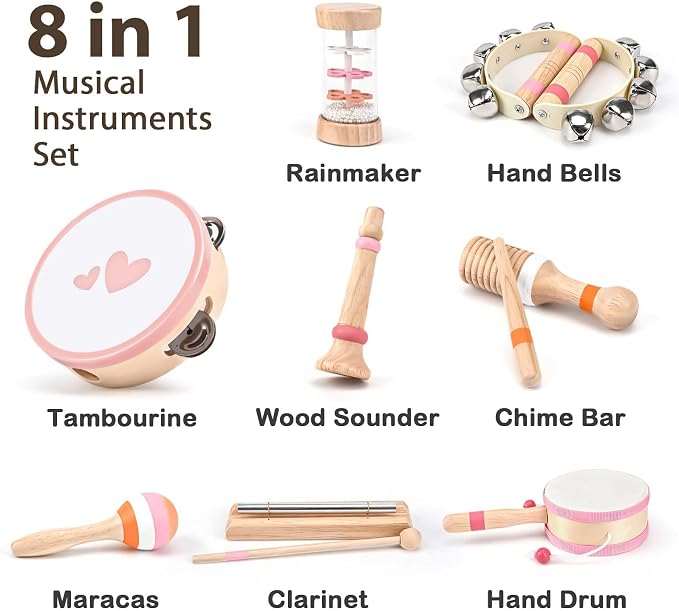 Musical Toys for 2 3 Year Old Girl Birthday Gifts, Wooden Montessori Toys for 2 Year Old, 8 in 1 Musical Instruments for Toddlers with Drum/Hand Bells/Flute/Maracas, Preschool Toys for Baby 18+ Months