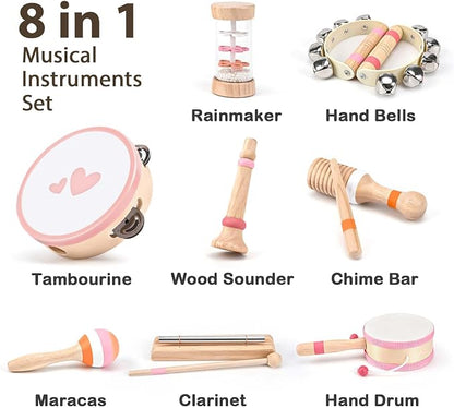 Musical Toys for 2 3 Year Old Girl Birthday Gifts, Wooden Montessori Toys for 2 Year Old, 8 in 1 Musical Instruments for Toddlers with Drum/Hand Bells/Flute/Maracas, Preschool Toys for Baby 18+ Months