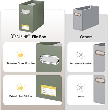 BALEINE File Organizer Box, Cardboard File Folder Organizer with Handle for Letter Size, Portable Collapsible Hanging Filing Box for Home Office Document Storage (4 Pack,Olive)