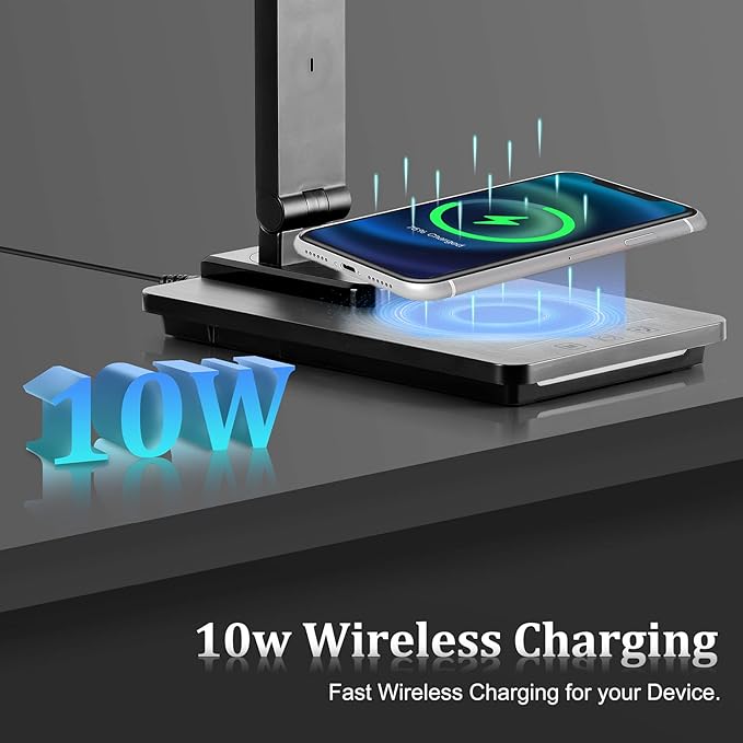 Dott Arts LED Desk Lamp with Wireless Charger, Touch Control Study Lamp with USB Charging Port, Table Lamp with Clock, Alarm, Date, Temperature, Office Lamp, Desk Lamps for Home Office,Black