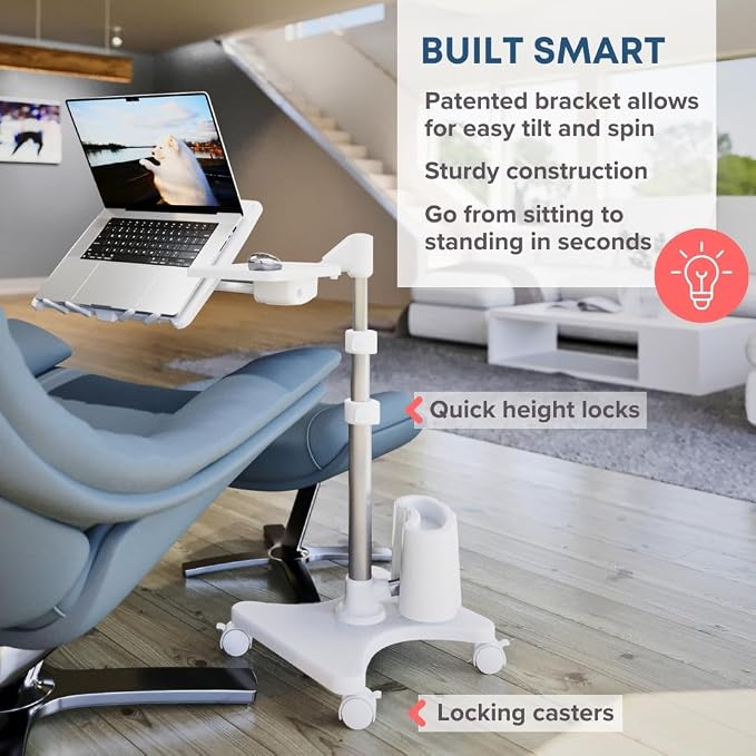 LEVO G2 Deluxe Adjustable Laptop Stand – Rolling Computer Desk & Ergonomic Table for Bed, Sofa, or Office – Portable Mobile Workstation with Tilt – Fits Devices up to 16″ - Silver & White