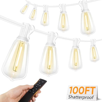 Brightever 100FT Outdoor String Lights with Remote, Dimmable LED Patio Lights with 32 ST38 Shatterproof Vintage Bulbs, 2700K Warm White 3 Modes 2 Timer Outside Light for Yard, Deck, Cafe, White