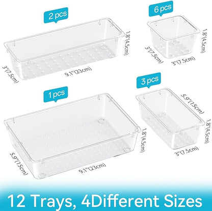 12 PCS Drawer Organizer Set, Makeup Organizers, Tool Storage Trays | 4 Sizes, Plastic, Stackable, Multiple Gadgets, Desk Drawer Divider Organizers, for Makeup, Office Supplies Storage