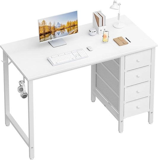 Lufeiya Small White Desk with Drawers for Bedroom, 40 Inch Kids Girls Study Desks, Reversible Computer Writing Nail Table with Fabric Drawer for Small Spaces Home Office Manicure