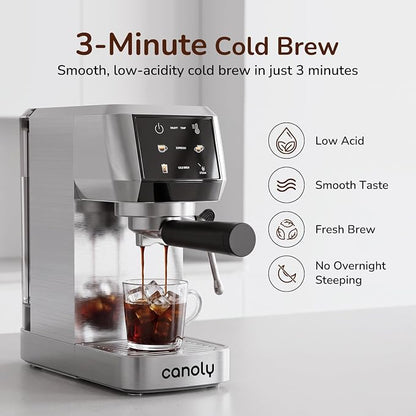 Canoly 2-in-1 Espresso Machine, Cold Brew Maker, 20 Bar Pump, Touchscreen | Steam Milk Frother for Cappuccino and Latte, Compact Home Espresso Maker, 9 Bar Extraction, Fast Heating, Easy Cleaning
