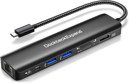 USB C Hub Multiport Adapter, DockteckExpand USB C Dongle 7 in 1 with 4K 60Hz HDMI Port, 1Gbps Ethernet, 100W PD, 2 USB 3.0 Ports, SD/TF Card Reader for MacBook iPad HP Dell XPS and More