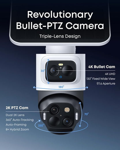 eufy Security eufyCam S4 2-Cam Kit, 4K Solar Wireless Outdoor Security System,3-Lens Bullet-PTZ cam, 360° Coverage,Cross-Cam Track, AI Facial Recognition, 8X Zoom,0 Monthly Fee,Expandable up to 16TB