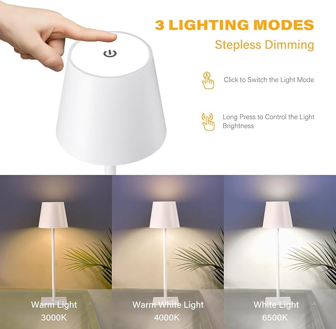 2 Pack Cordless Table Lamps, 3 Colors Stepless Dimming, 5000mAh Rechargeable Battery LED Desk Lamp for Bedroom/Couple Dinner/Desk/Cafe/Dining Room/Terrace