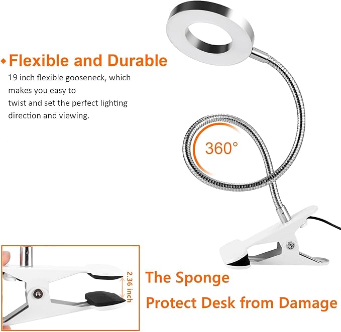 Clip on Light Reading Lights , 48 LED USB Desk Lamp with 3 Color Modes 10 Brightness, Eye Protection Book Clamp Light , 360 ° Flexible Gooseneck Clamp Lamp for Desk Headboard and Video Conferencing