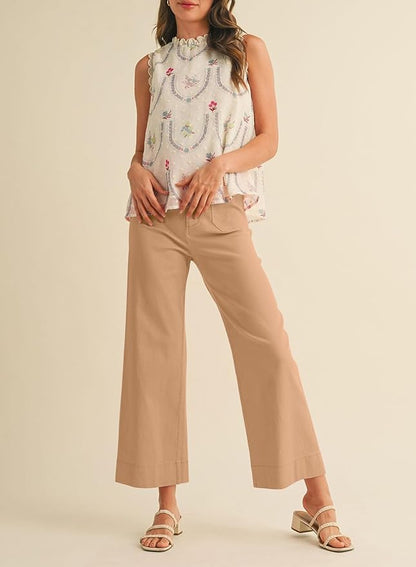 miduo Womens High Waisted Cropped Wide Leg Stretchy Straight Pants Trousers with Pockets