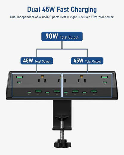 Jgstkcity 90W Desk Clamp Power Strip,12 USB Ports (6 PD 45W USB-C),Surge Protector,ETL Listed Power Hub Extension Cord,Fast Charging Station for Home Office Desk Edge Mount (Black,12 USB-90W)