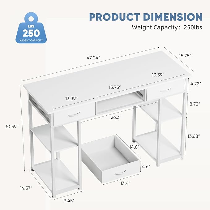 DUMOS 48-Inch Computer Desk with Drawers, Hook and Side Bag, White | Home Office Desk for Bedroom, Gaming Writing Study Desk with Adjustable Feet