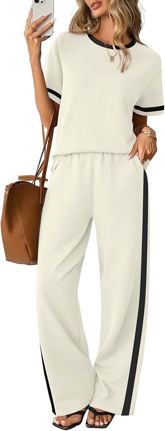Sampeel 2 Piece Sets for Women Matching Sets Summer Outfits Resort Wear Short Sleeve Lounge Set Wide Leg Pants with Pockets