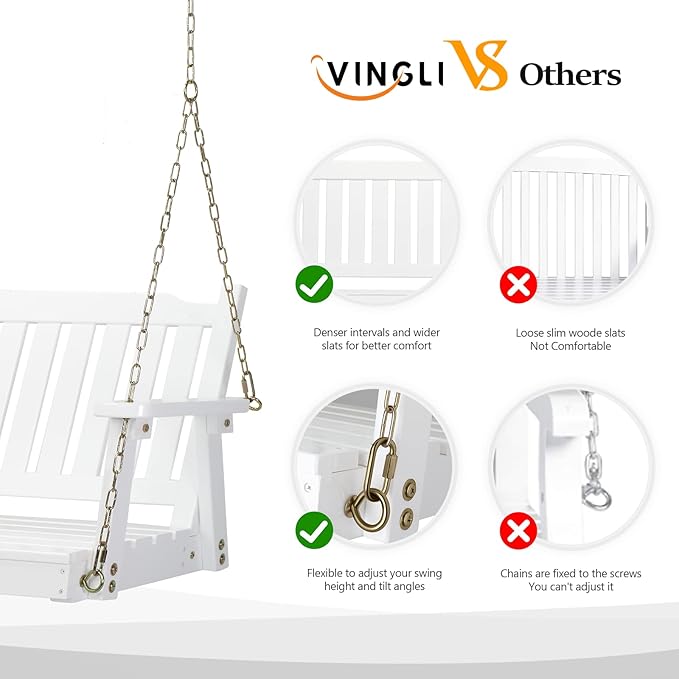 VINGLI Upgraded Heavy Duty 880 LBS 4 FT Patio Wooden Porch Swing Solid Fir Wood, Outdoor Handing Swing Bench for Garden | Yard | Balcony | Tree, White
