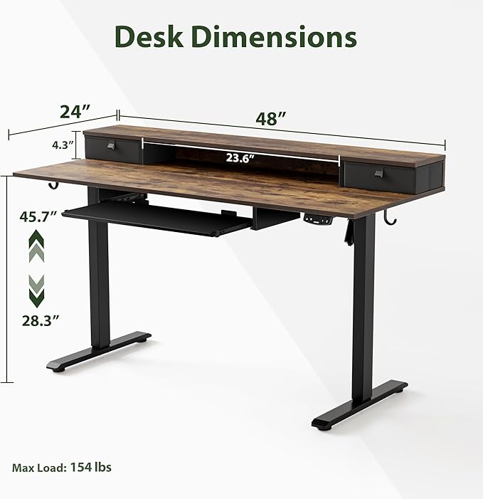 Electric Standing Desk with 2 Drawers and Keyboard Tray, 48 x 24 Inches Ergonomic Adjustable Height Desk with Storage, Sit Stand Computer Workstation, Rustic Brown