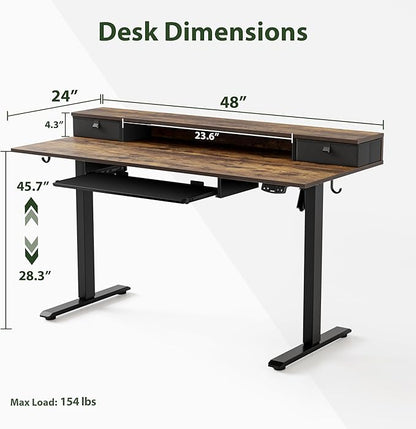 Electric Standing Desk with 2 Drawers and Keyboard Tray, 48 x 24 Inches Ergonomic Adjustable Height Desk with Storage, Sit Stand Computer Workstation, Rustic Brown