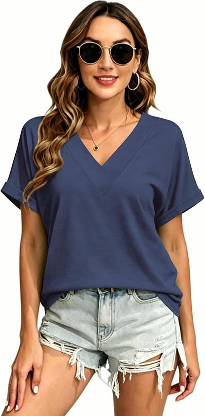 T Shirts Short Sleeve V Neck Tees Womens Tops Beach Vacation Fashion Clothes 2026 Casual Summer Spring Fall Outfits