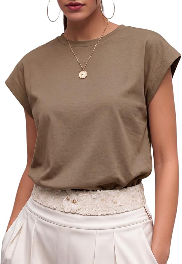 GRECERELLE Womens Summer Tops Cap Sleeve Crew Neck Basic T-Shirt | Everyday Casual Wear, Layering Friendly, Wrinkle-Resistant, Business Casual Ready, Lightweight & Packable, Capsule Wardrobe
