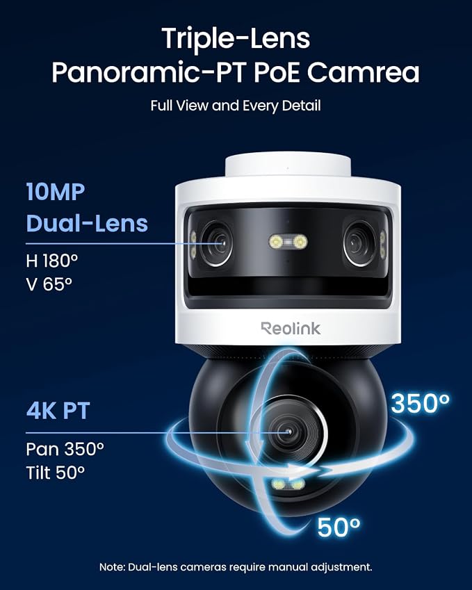 REOLINK OMVI 3i PoE Triple-Lens PoE Security Camera with Auto Tracking | 10MP 180° Panoramic & 4K PT, AI Video Search, 24/7 Recording, Perimeter Protection, Color & IR Night Vision, Smart Detection