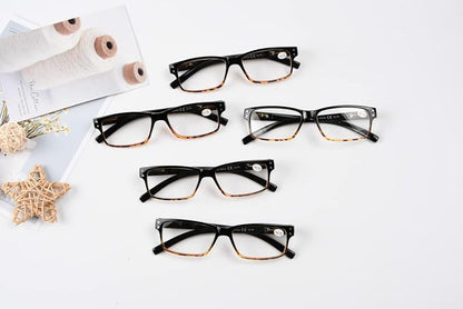 Eyekepper Vintage Eyeglasses for Men - 5 Pack Spring Hinges Classic Glasses - Black-Tortoise Frame +0.00