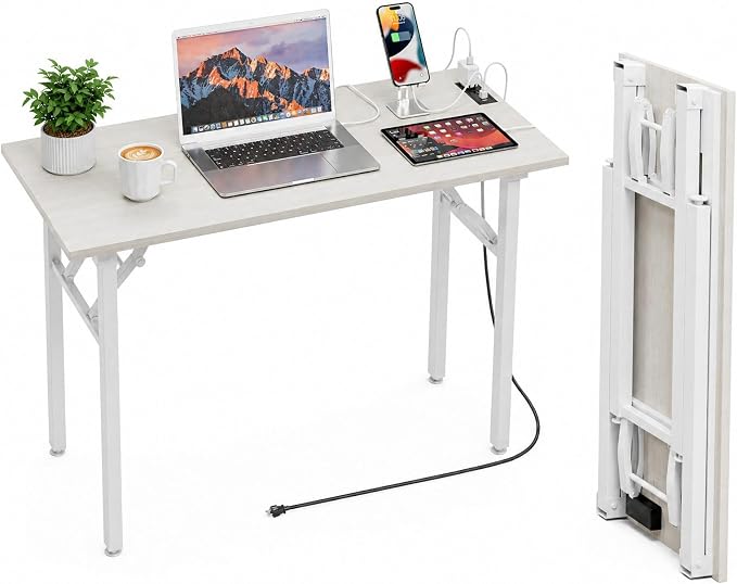 Folding Table Computer Desk - 43.3" No Assembly Folding Desk with Power Outlets & USB Charging Port, Small Desk, Foldable Office Desk, Compact Storage Portable Use for Small Space, White Ash