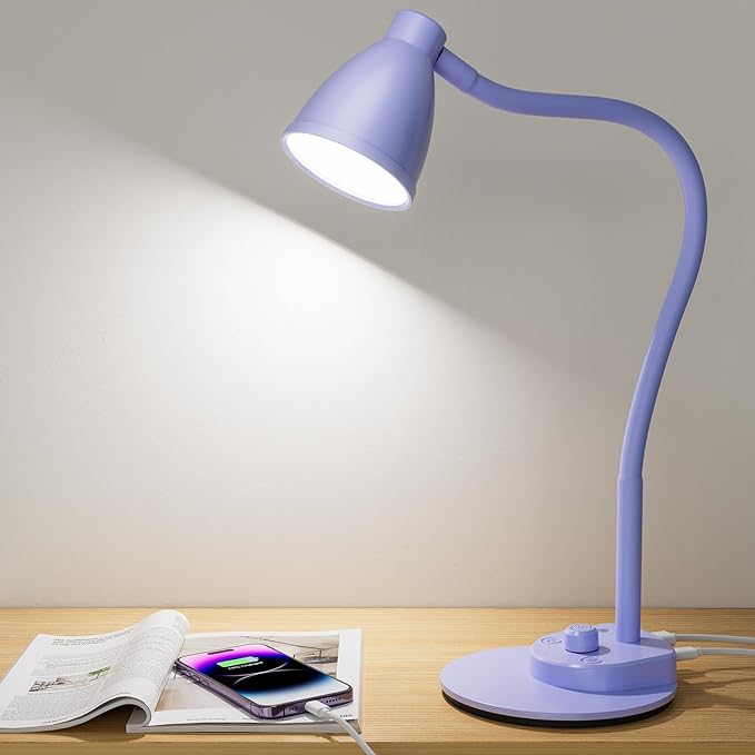 BOHON LED Desk Lamp with USB Charging Port, 3 Color Modes Fully Dimmable Reading Lamp, Auto Dimming Task Lamp, Flexible Gooseneck Table Light for Office Dorm Bedside, Adapter Include, Lilac Purple
