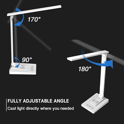 LED Desk Lamp with Wireless Charger and USB Charging Port,Desk Lamps for Home Office,Study Dimmable Table Lamp Desk Light,5 Colors Stepless Dimming,Eye-Caring Desk Lamp for College Dorm Room