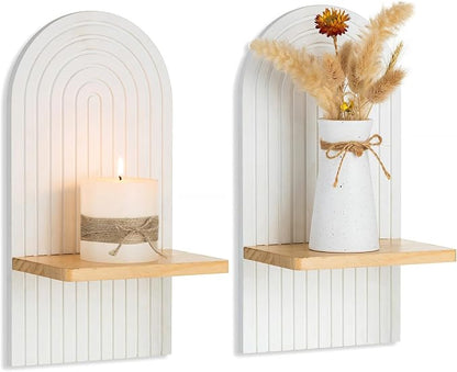 Boho Wall Candle Holder Set of 2 with White Arched 3D Design | Mid-century Candle Sconces, Soild Wood, Modern Minimalist, for Pillar, Plants, Bohemian Art Decor, Beside Fireplace and TV
