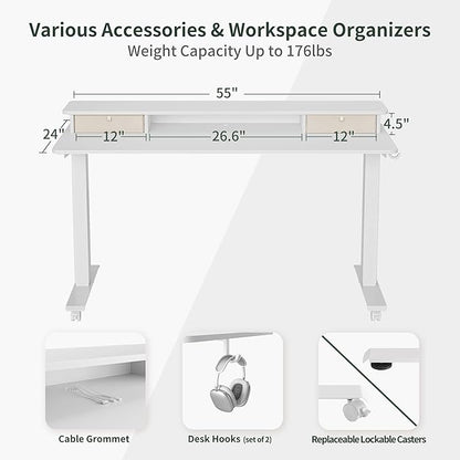 FEZIBO 55 x 24 Inch Height Adjustable Electric Standing Desk with Double Drawer, Stand Up Desk with Storage Shelf, Sit Stand Desk, White