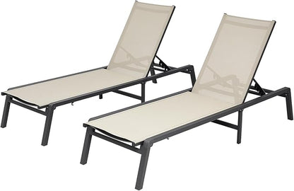 VEVOR Outdoor Chaise Lounge Chair Set of 2, 400 lbs Weight Capacity, Foldable Sun Tanning Chair, 5 Adjustable Positions, Easy Assembly, Aluminum Pool Recliner Lounge Chairs, for Beach Yard Patio