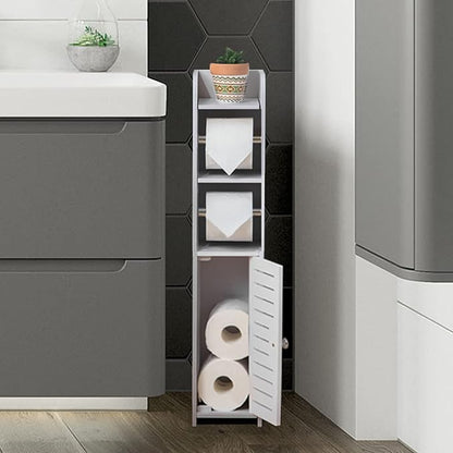 TUOXINEM Small Bathroom Storage with Dual Rods, Over The Toilet, Slim Toilet Paper Storage with 4 Tier Design, Fit Mega Roll (White)