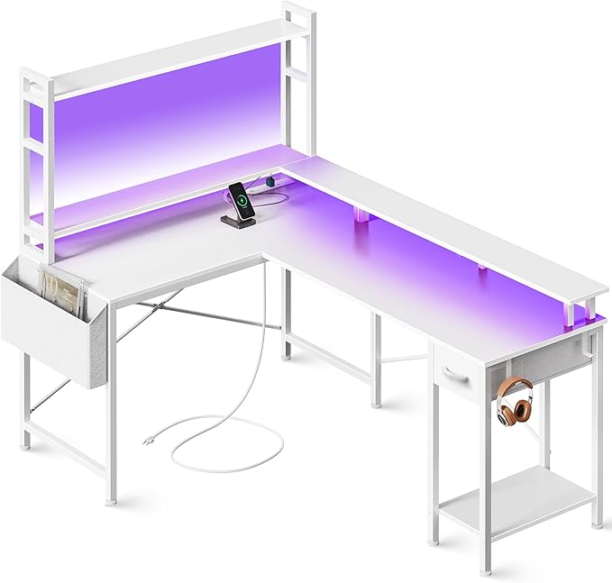 L Shaped Desk Gaming Desk with LED Lights & Power Outlets, Computer Desk with Storage Shelves, Corner Desk Home Office Desks for Bedroom, White