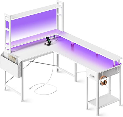 L Shaped Desk Gaming Desk with LED Lights & Power Outlets, Computer Desk with Storage Shelves, Corner Desk Home Office Desks for Bedroom, White