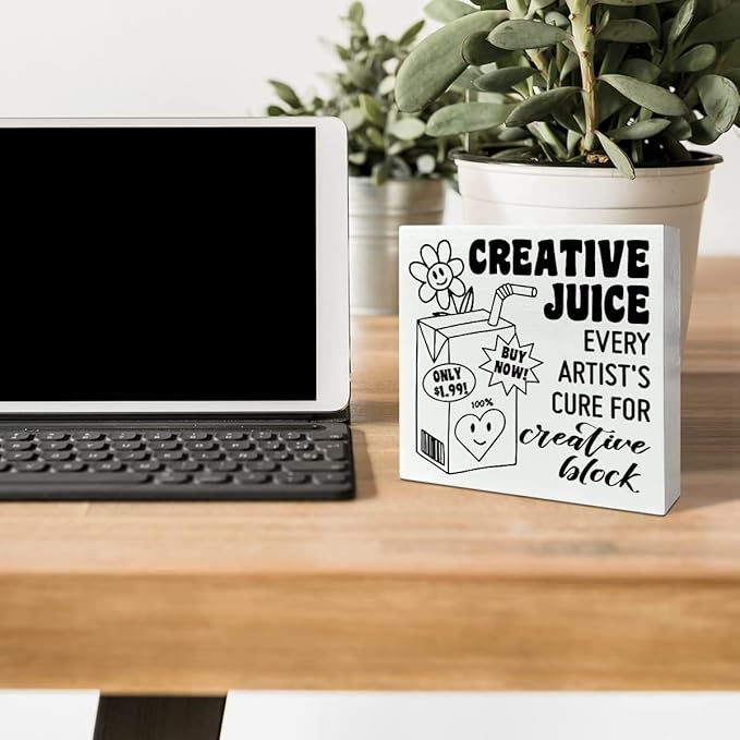 Retro Home Office Desk Wooden Box Sign Decor, Every Artist's Cure for Creative Block, Inspirational Quotes Desk Decor Motivational Desk Decorations for Women Men Student Office Classroom School
