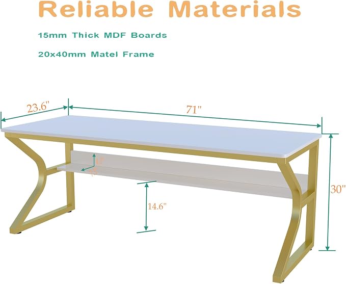 OSCHF 71-Inch Extra Long Desk with Storage Shelf, Gold | Double Long Writing Table, Space-saving, 2-Person Workstation, Modern Study Work Computer Desk, For Home Office