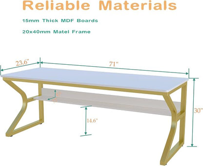 OSCHF 71-Inch Extra Long Desk with Storage Shelf, Gold | Double Long Writing Table, Space-saving, 2-Person Workstation, Modern Study Work Computer Desk, For Home Office