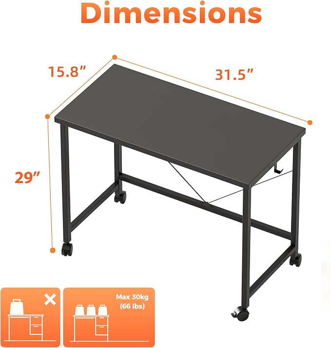 Mericonia 32x16 Inch Computer Desk with Wheels, Small Simple Rolling Desk | Writing Table for Home Office Bedroom Work Study, Black