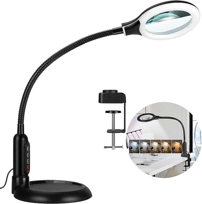 5X Magnifying Glass with Light and Clamp, 5 Color Modes Stepless Dimmable Lighted Magnifier with Stand, Flexible Gooseneck LED Desk Lamp hands Free for Craft Reading Painting Hobby Close Work