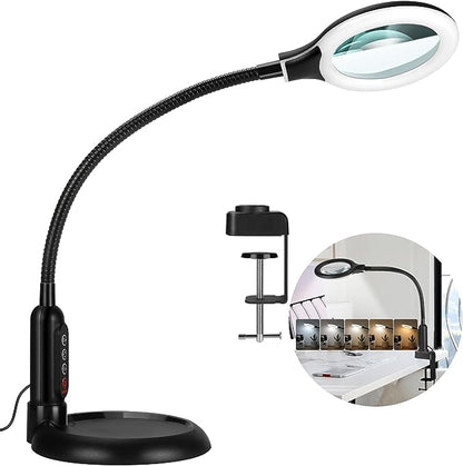 5X Magnifying Glass with Light and Clamp, 5 Color Modes Stepless Dimmable Lighted Magnifier with Stand, Flexible Gooseneck LED Desk Lamp hands Free for Craft Reading Painting Hobby Close Work