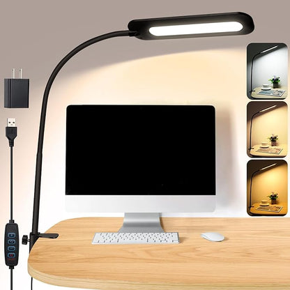 LED Desk lamps with Clamp for Home Office,High Brightness,3 Color Temperatures and Dimmable Clip On Desk Light,Flexible Gooseneck Desk Lamp with USB Adapter,Black
