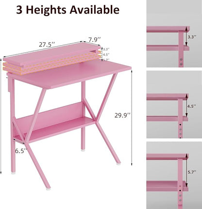 COTUBLR Small Desk, 27.5 Inch Small Computer Desk for Spaces, Computer Desks with Adjustable Monitor Stand, Compact Desks with Storage, Tiny Study Table for Bedroom Home Office, Pink